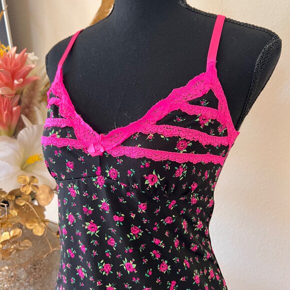 Deadstock Y2K Hot Pink & Black Floral Lace Babydoll Mini Dress Lingerie Top S - Picture 2 of 8